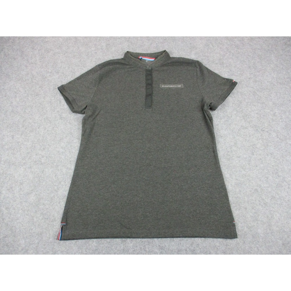 Porsche Shirt Mens Small Gray Henley Band Collar Racing Lightweight Spell Out